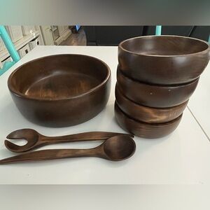 Elegant Brown Wooden Salad Bowl Set Vintage